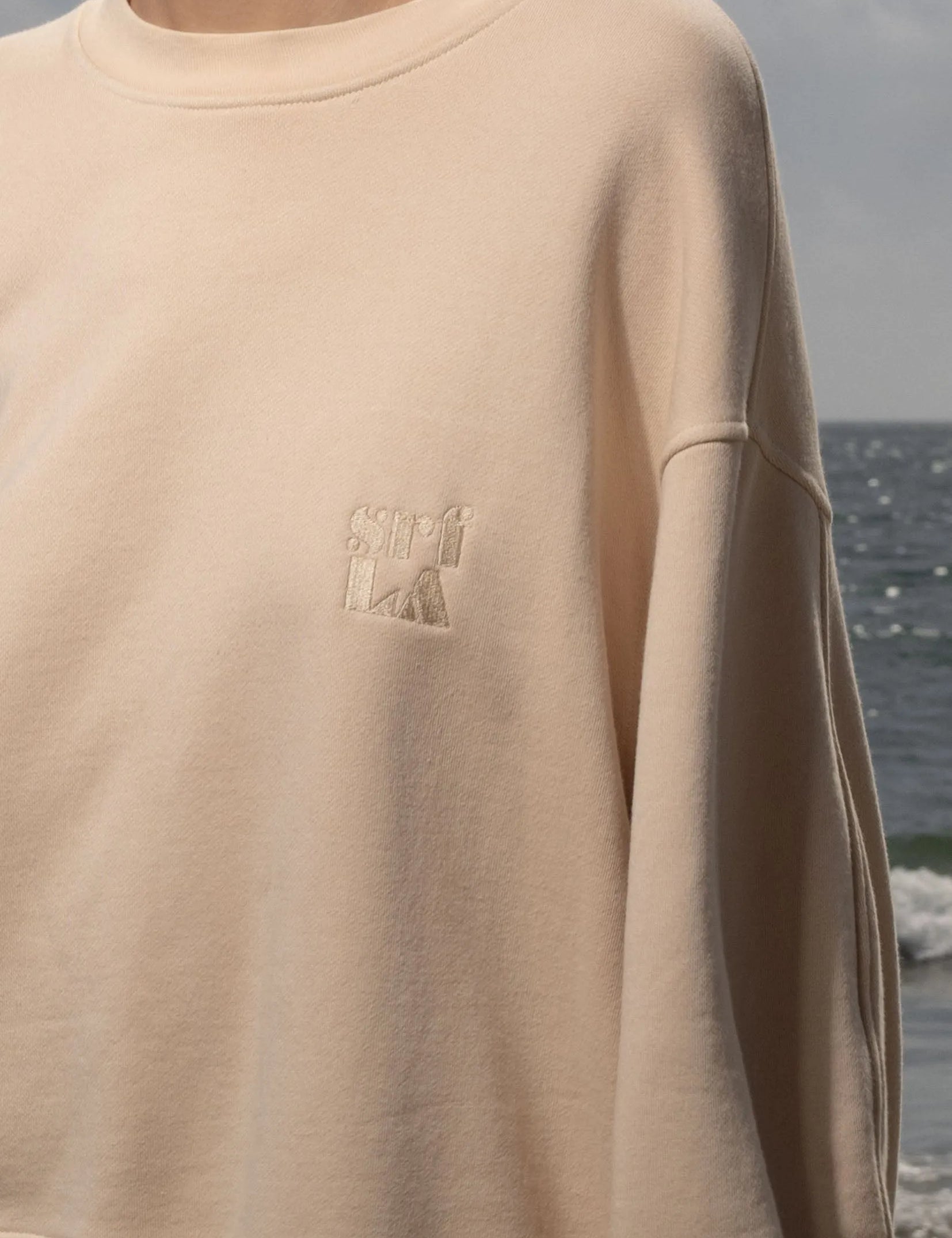 Barrel Sleeve 70's SRF LA Crewneck - Antique Cream Embroidered - Heidi Merrick
