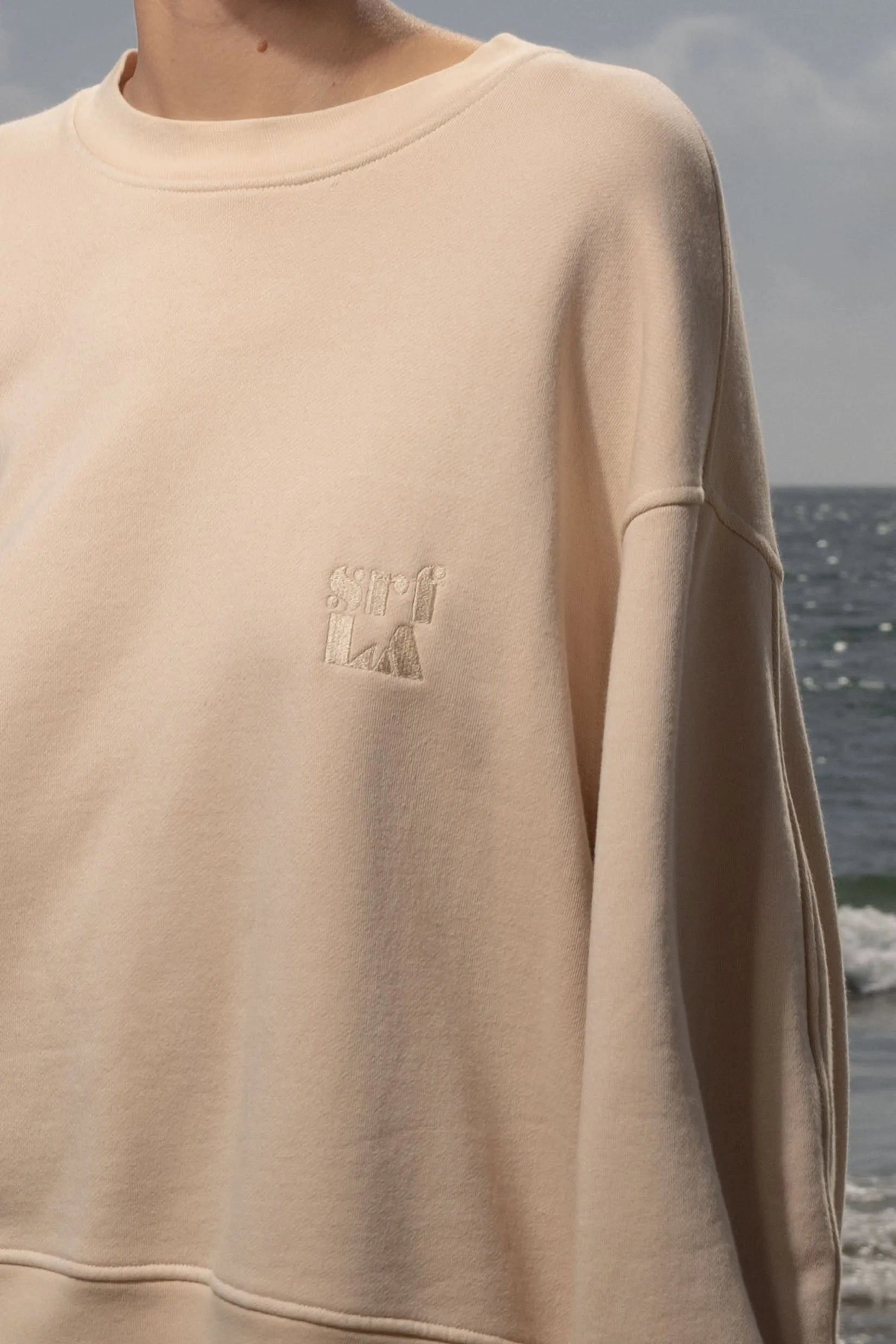 Barrel Sleeve 70's SRF LA Crewneck - Antique Cream Embroidered - Heidi Merrick