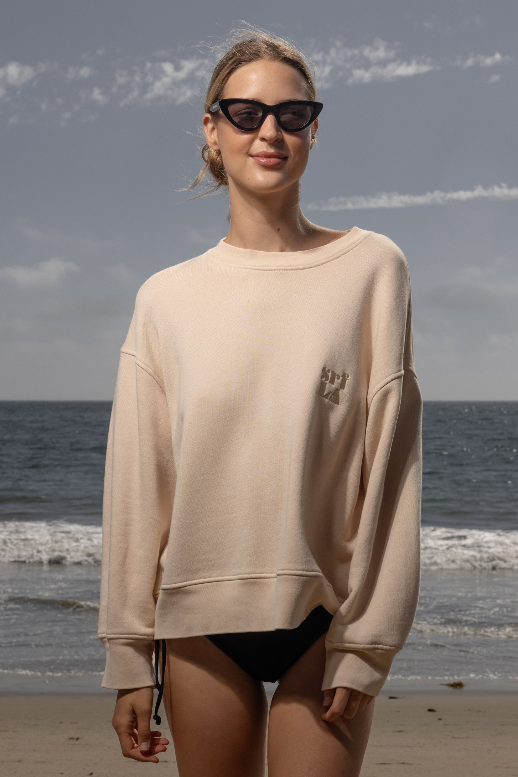 Barrel Sleeve 70's SRF LA Crewneck - Antique Cream Embroidered - Heidi Merrick