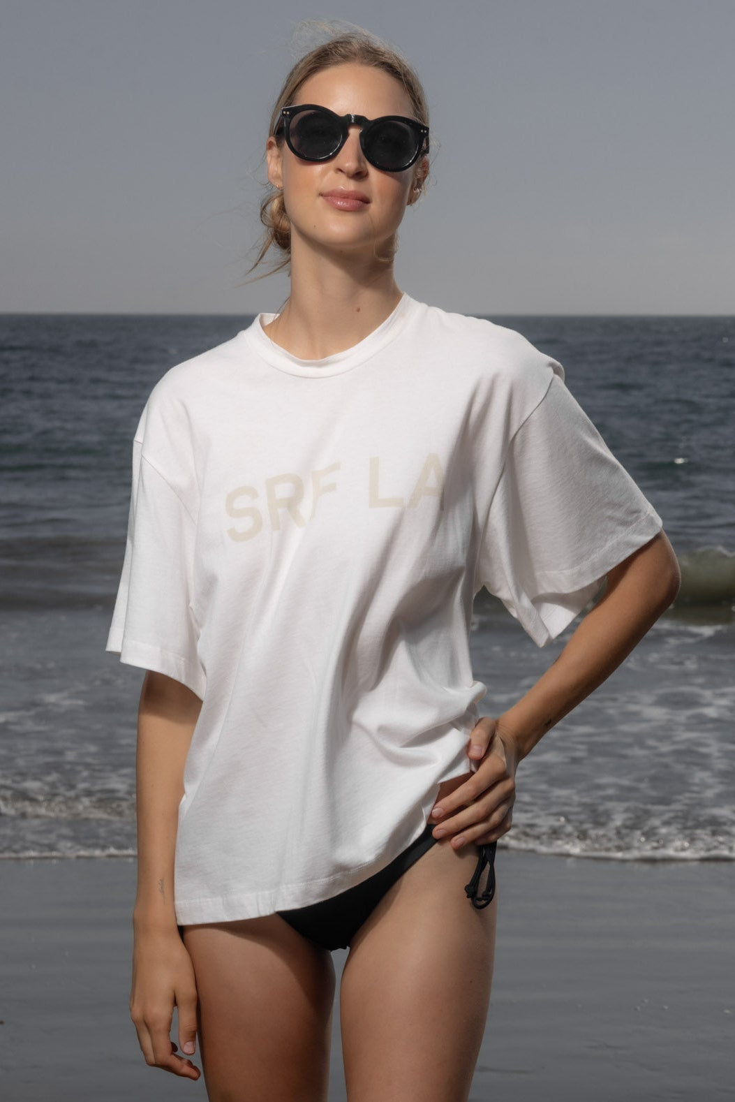 SRF LA Mustache Tee - Antique Cream on White - Heidi Merrick