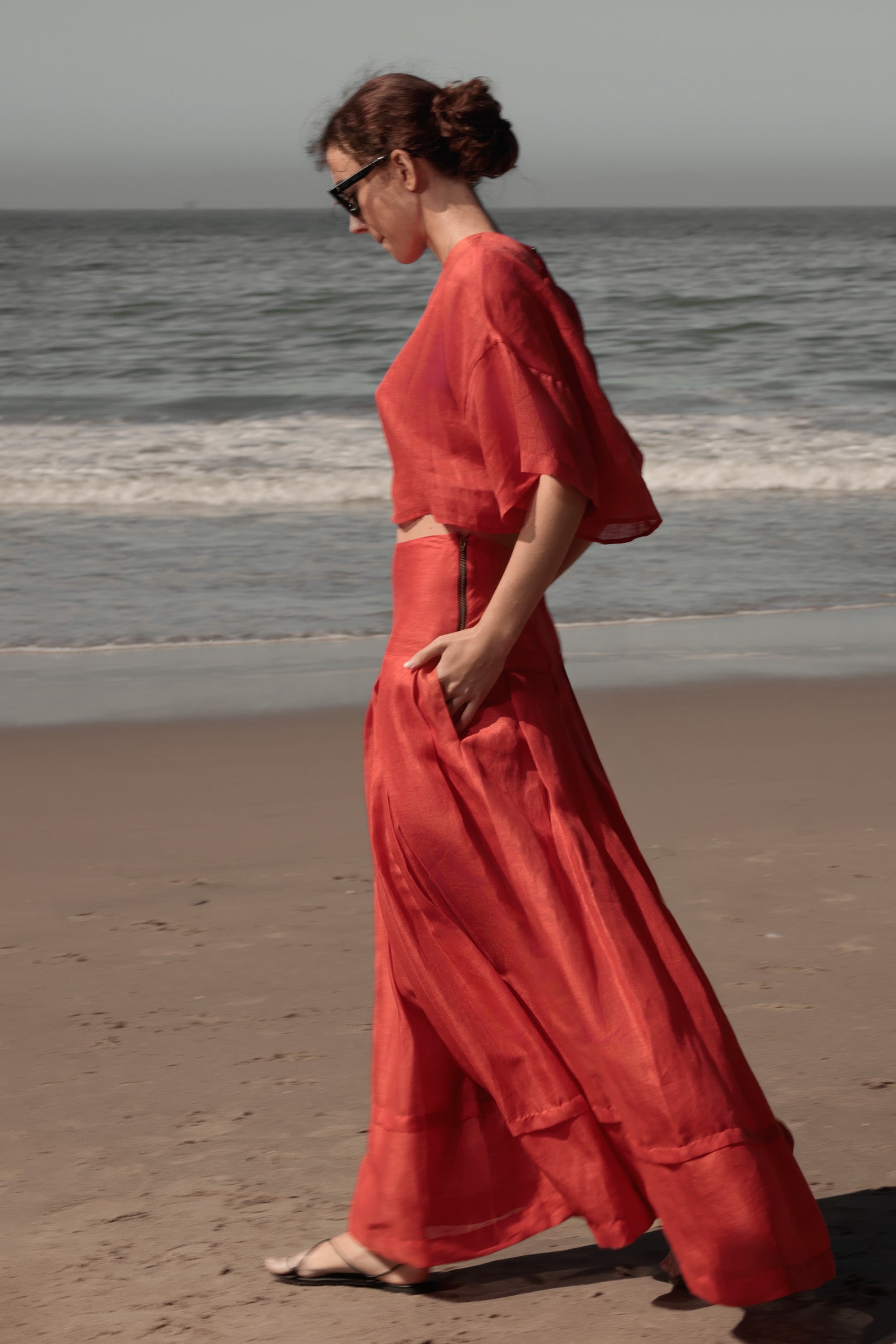 Marbella Skirt - Vermilion Tissue Linen - Heidi Merrick