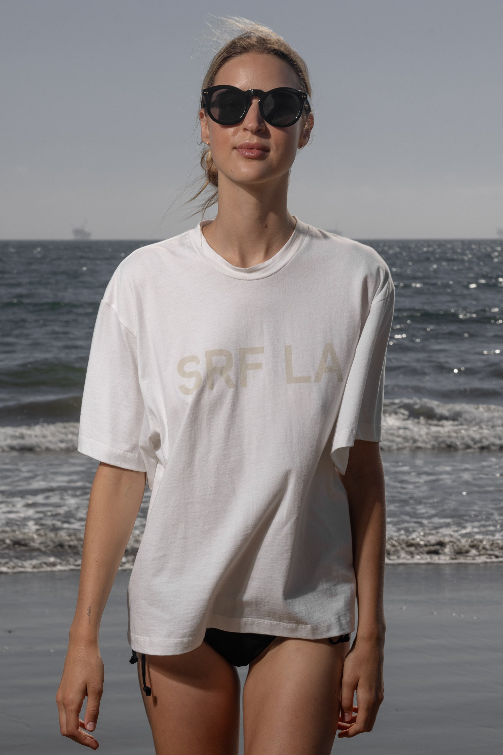 SRF LA Mustache Tee - Antique Cream on White - Heidi Merrick