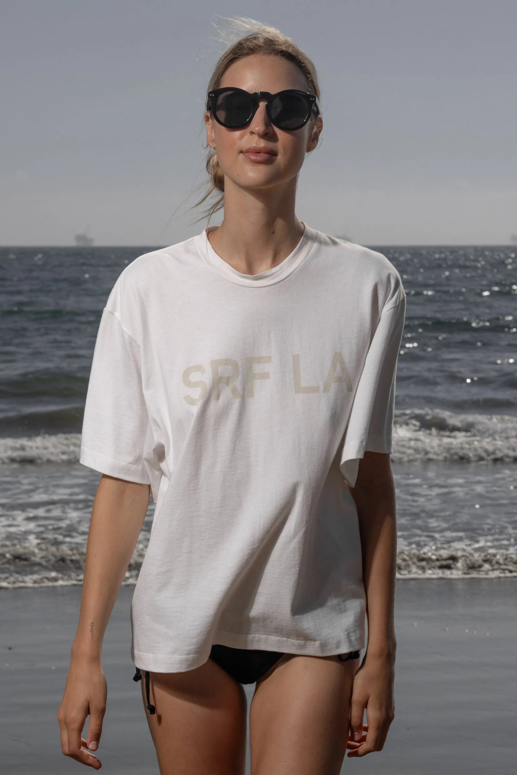 SRF LA Mustache Tee - Antique Cream on White - Heidi Merrick
