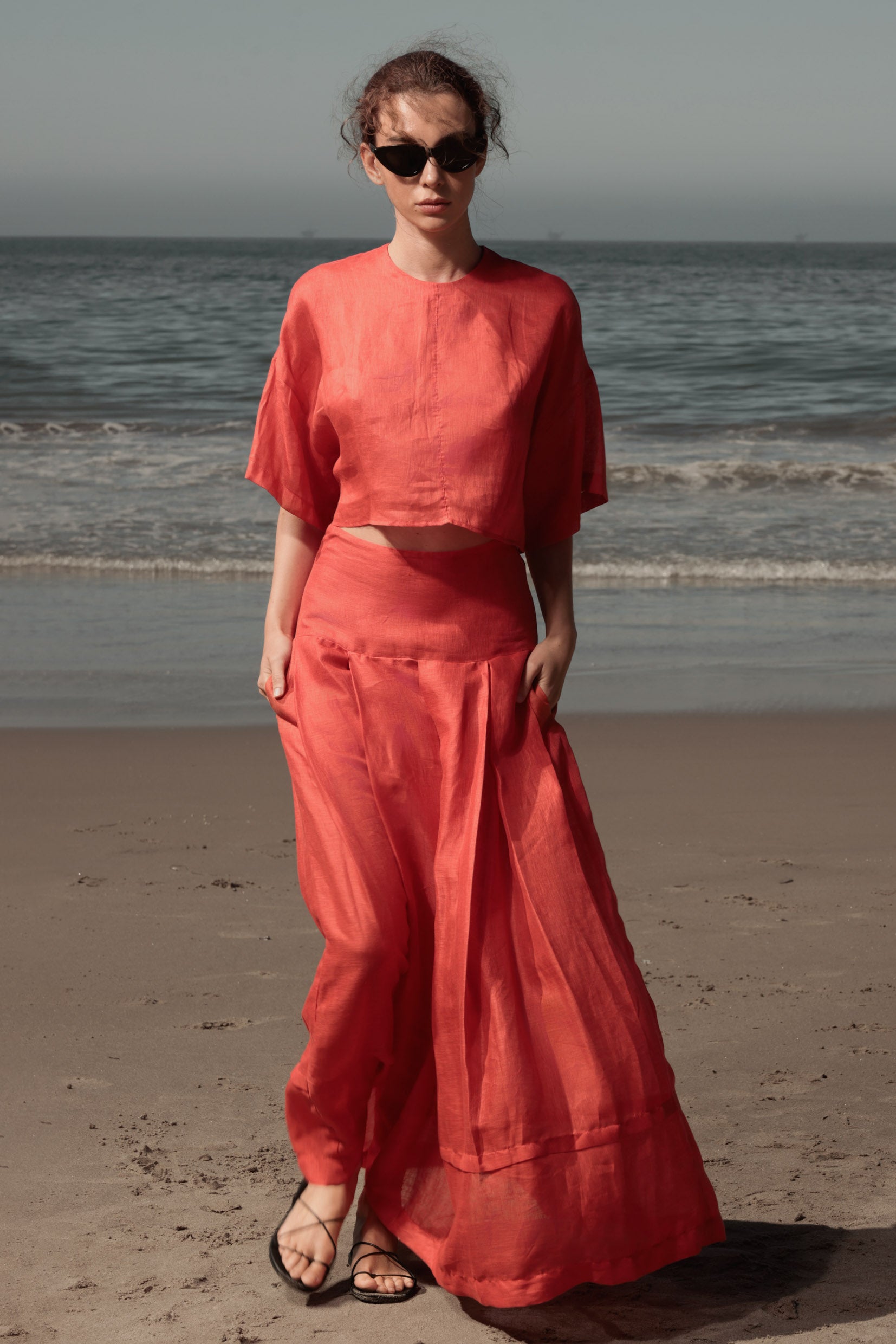 Marbella Skirt - Vermilion Tissue Linen - Heidi Merrick