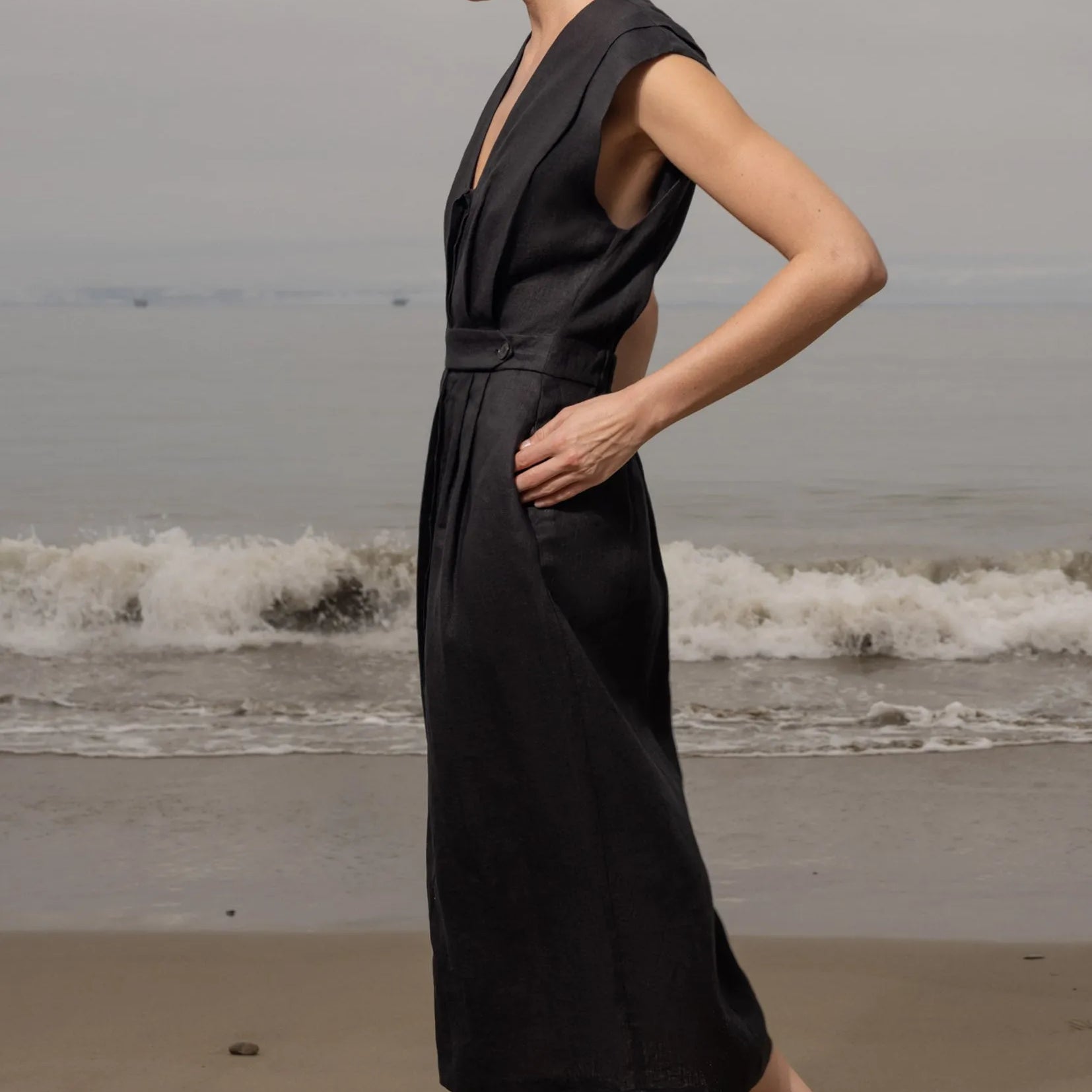 Azadeh Dress - Black Linen - Heidi Merrick