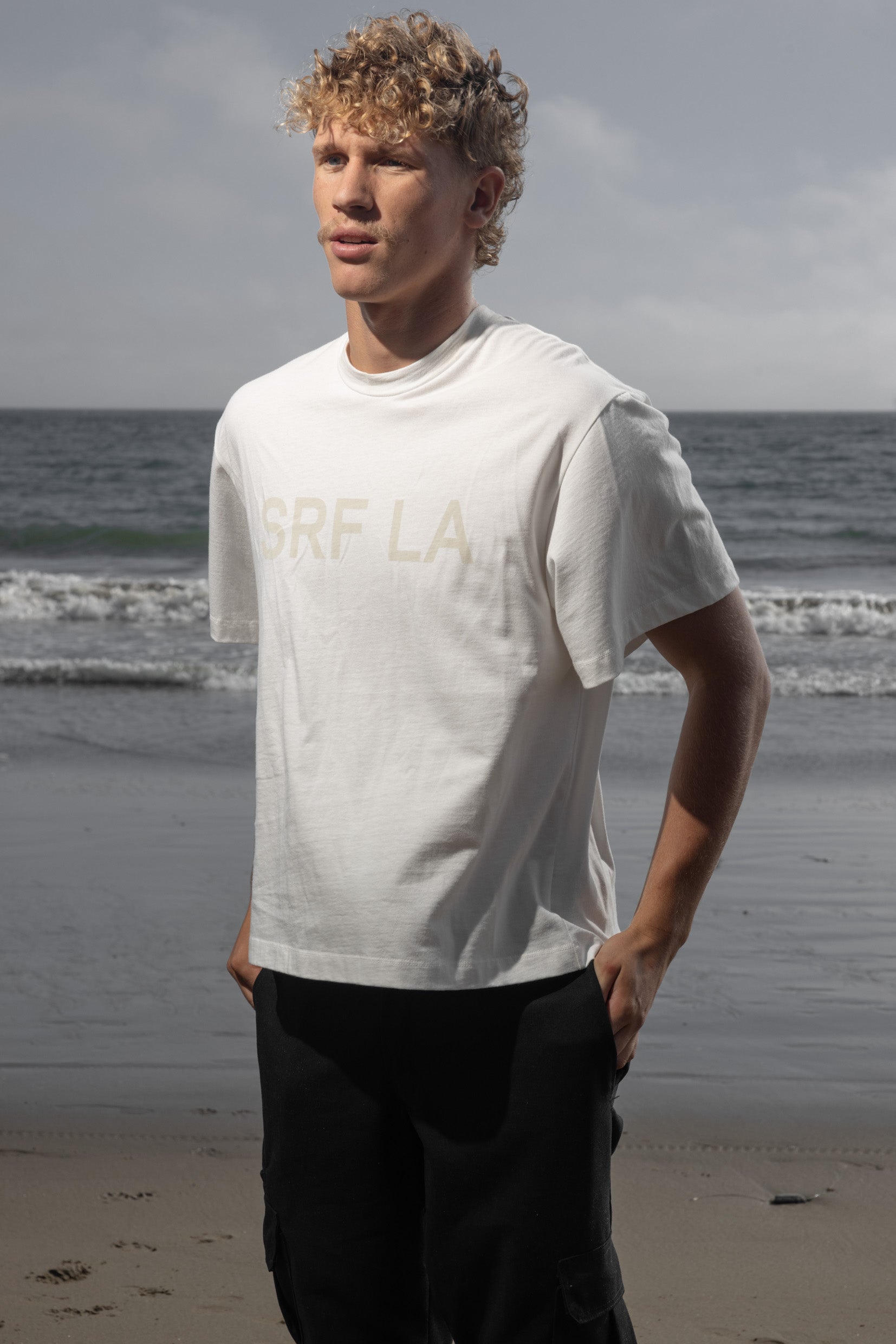 SRF LA Mustache Tee - Antique Cream on White - Heidi Merrick