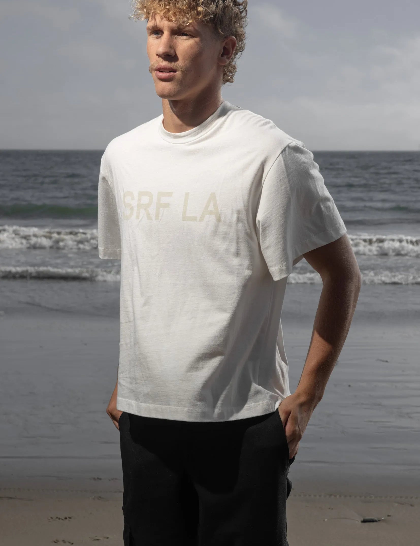 SRF LA Mustache Tee - Antique Cream on White - Heidi Merrick