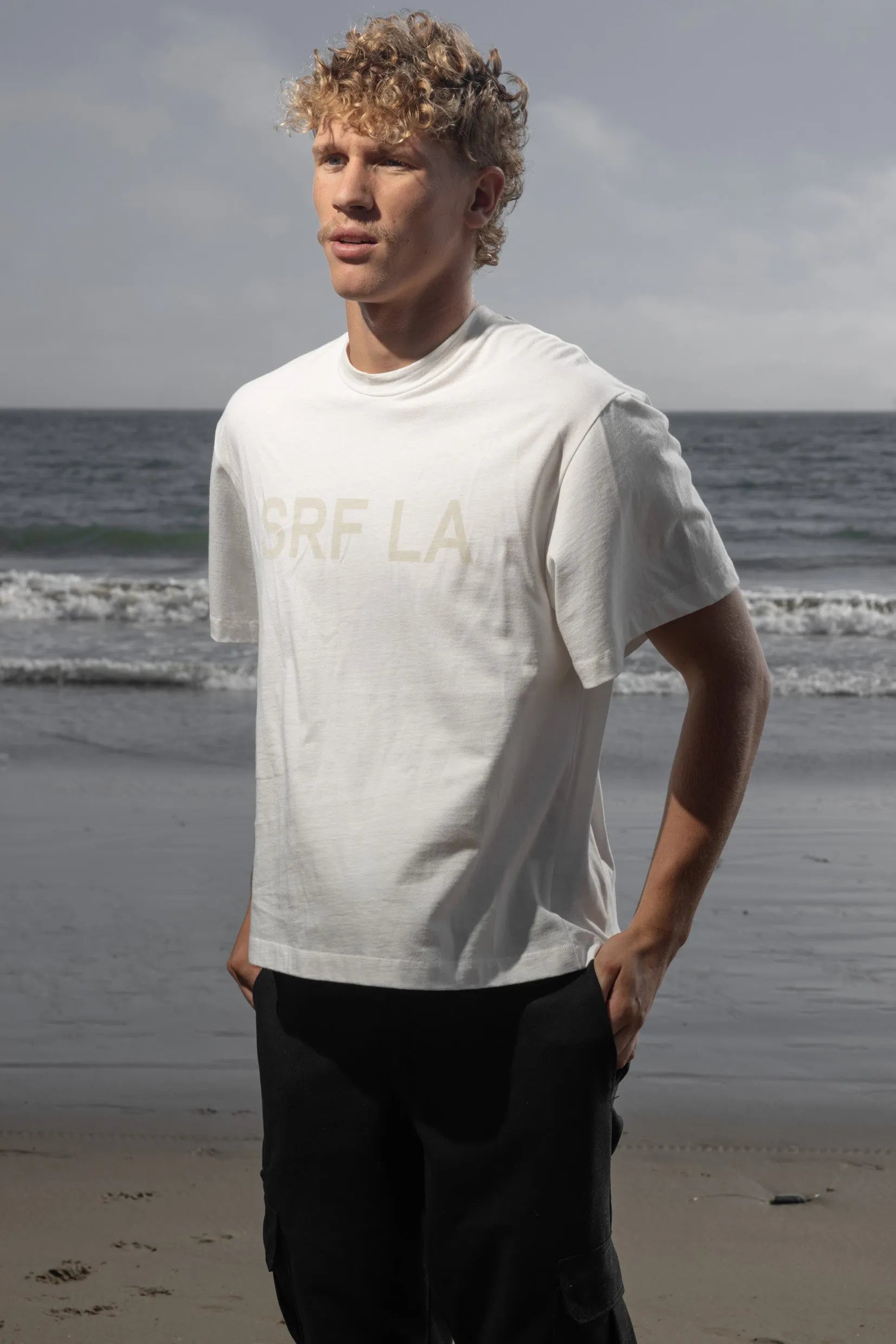 SRF LA Mustache Tee - Antique Cream on White - Heidi Merrick