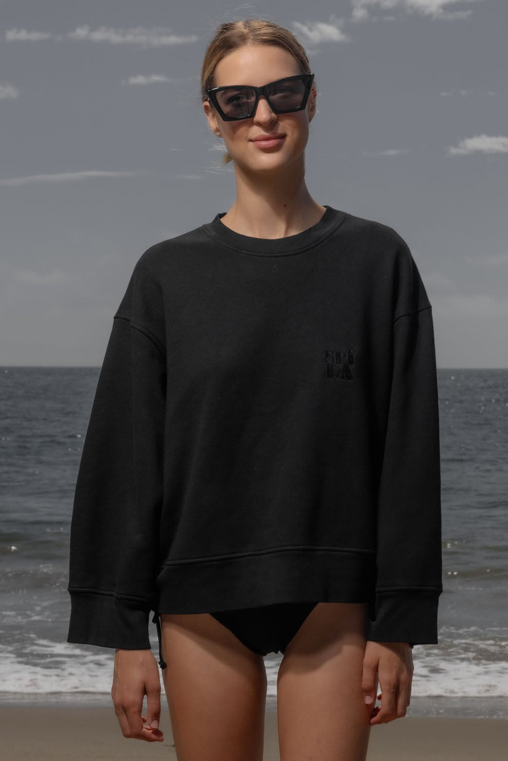 Barrel Sleeve 70's SRF LA Crewneck - Black Embroidered - Heidi Merrick