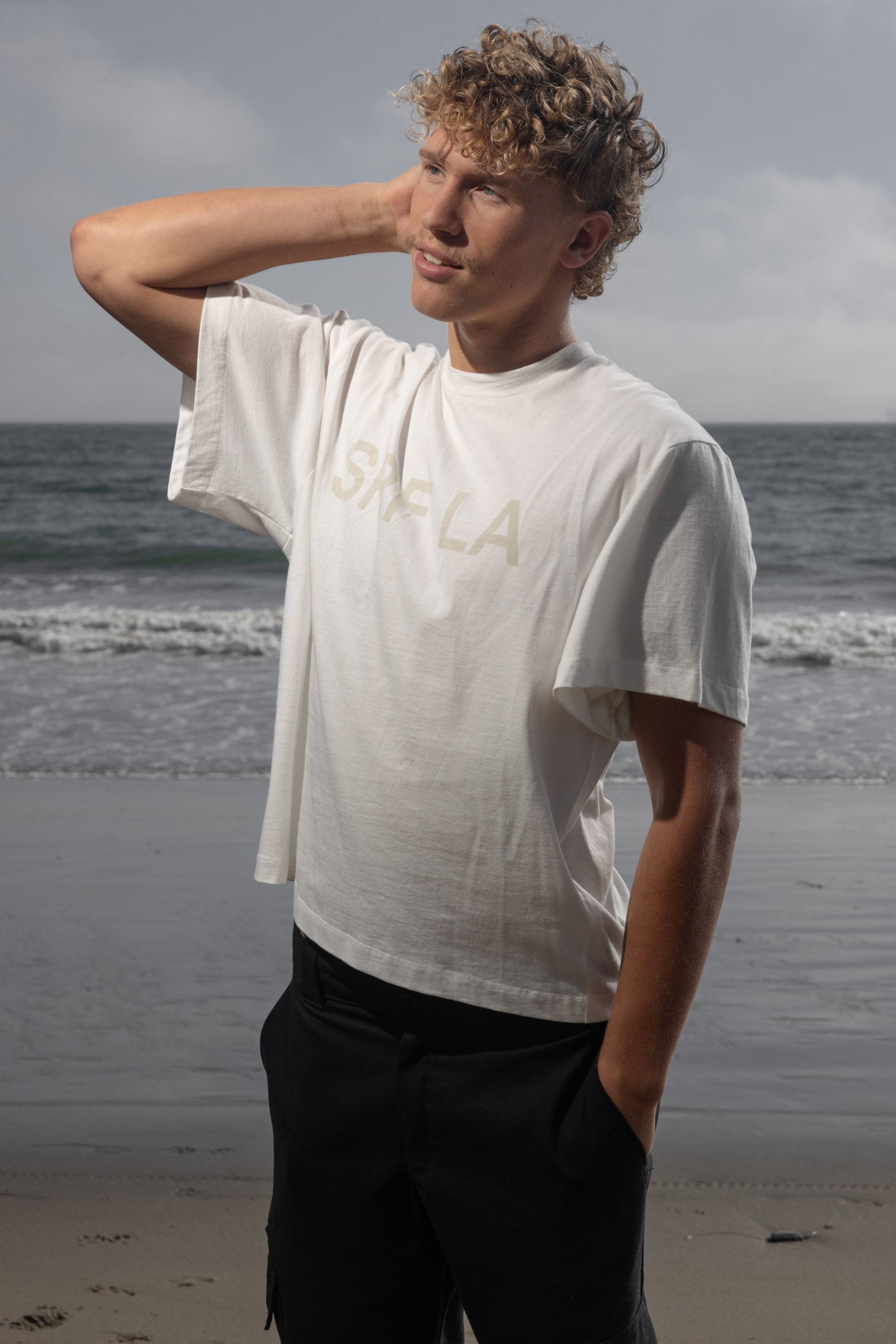 SRF LA Mustache Tee - Antique Cream on White - Heidi Merrick