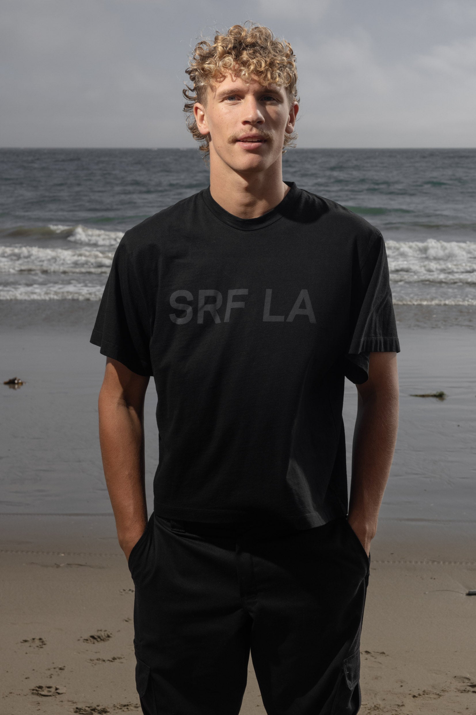 SRF LA Mustache Tee - Black on Black - Heidi Merrick
