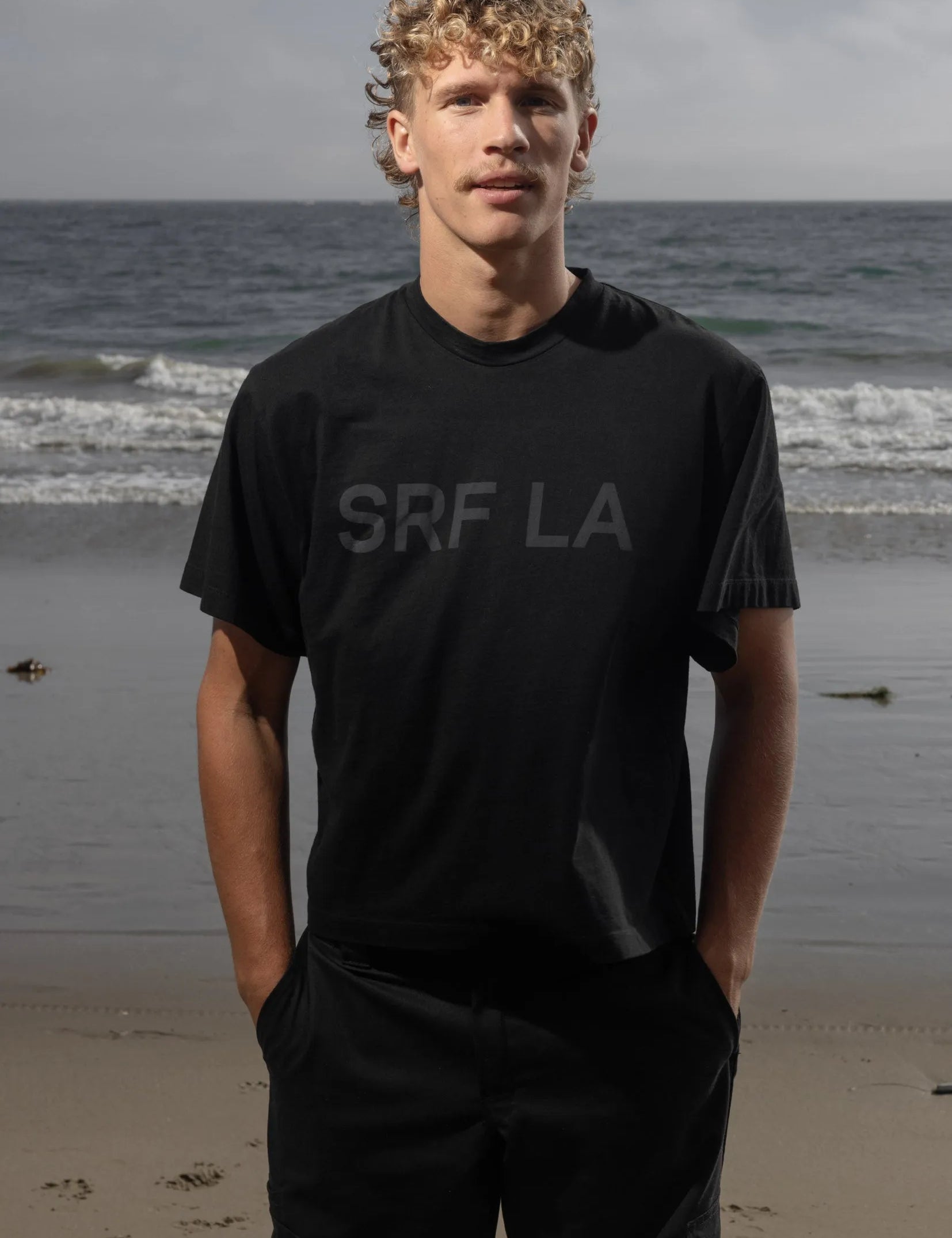SRF LA Mustache Tee - Black on Black - Heidi Merrick