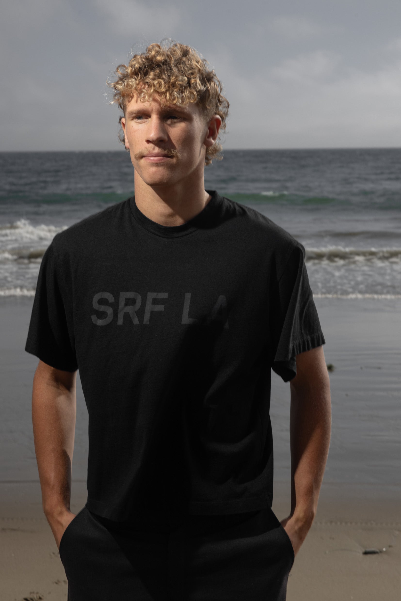SRF LA Mustache Tee - Black on Black - Heidi Merrick