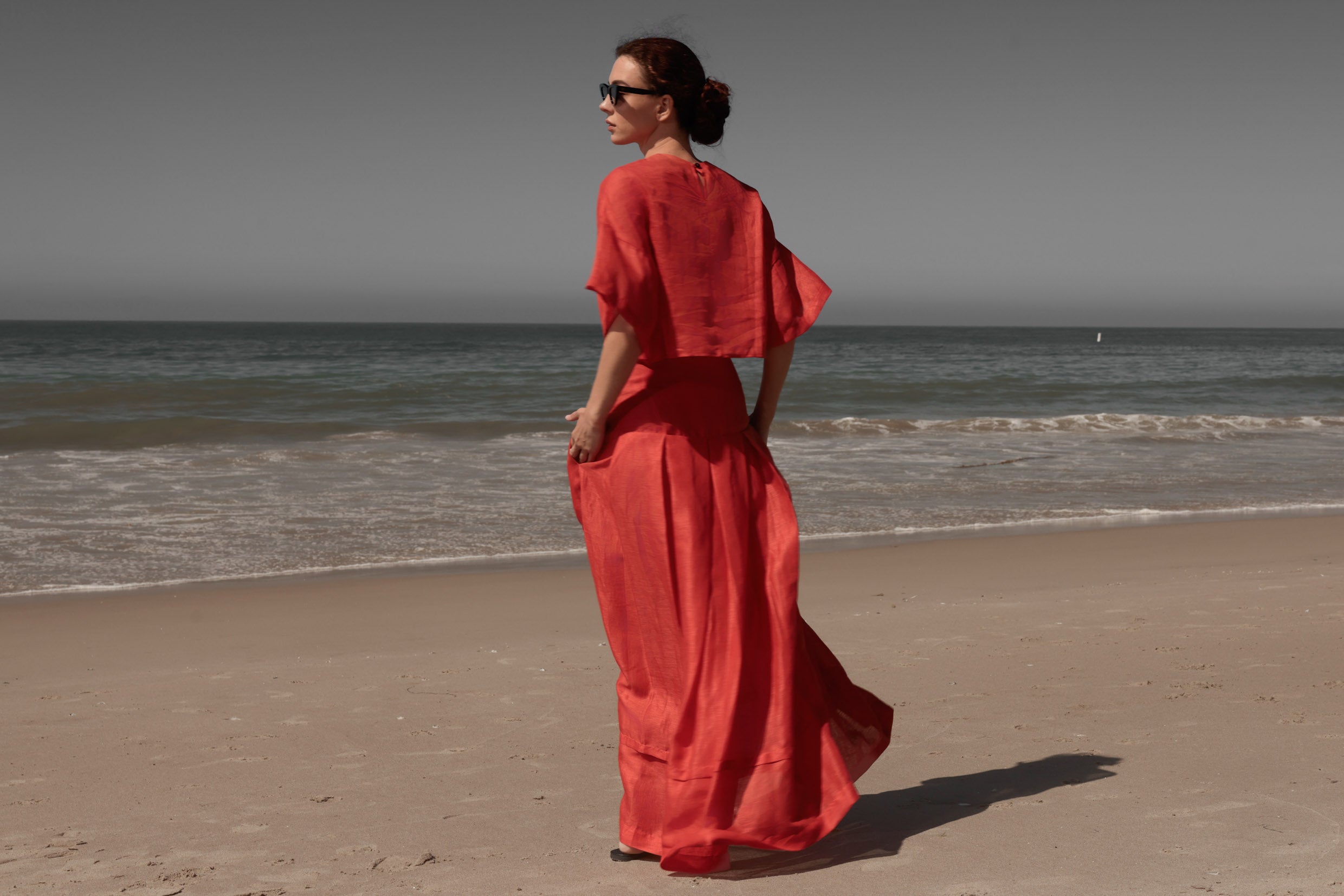 Marbella Skirt - Vermilion Tissue Linen - Heidi Merrick