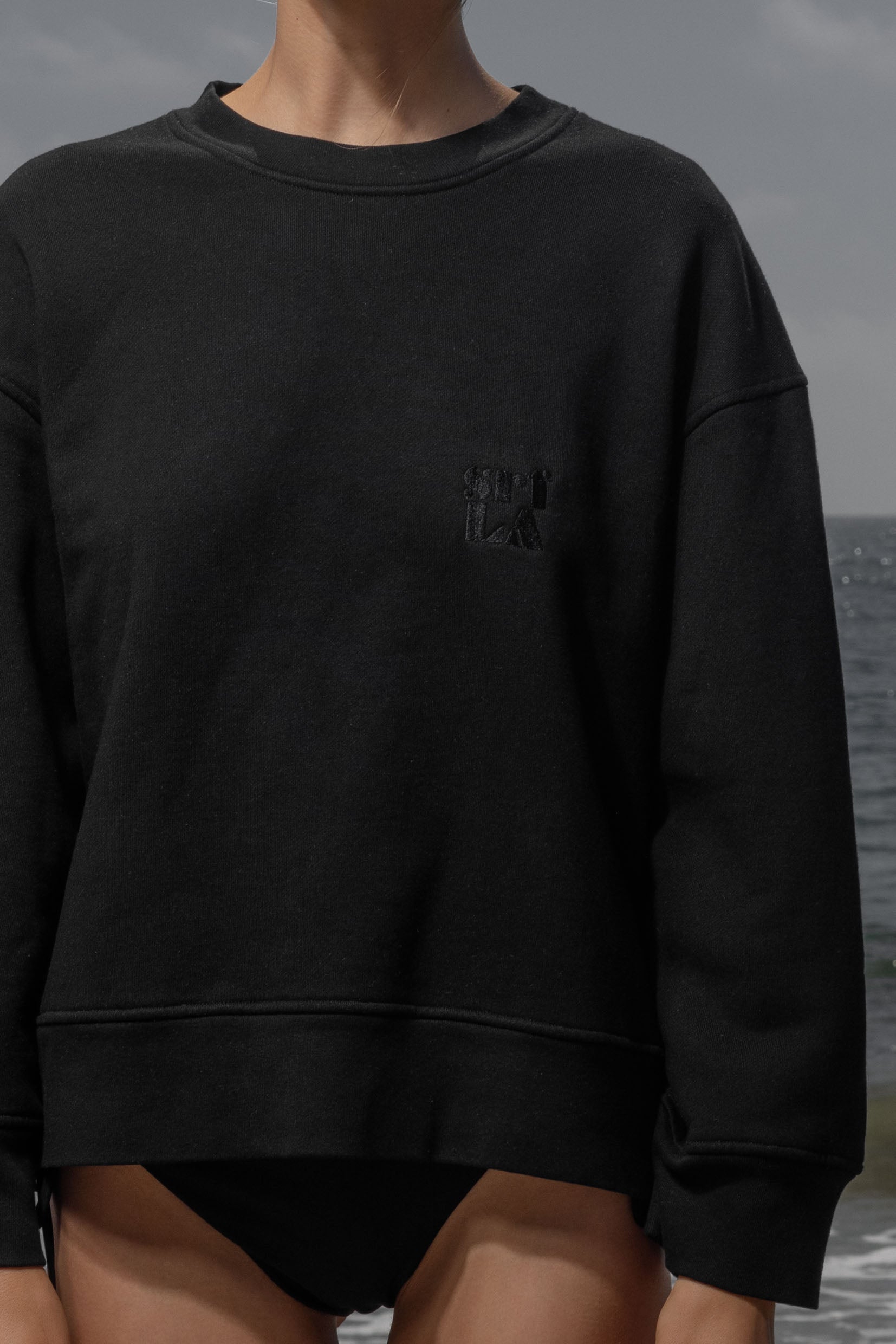 Barrel Sleeve 70's SRF LA Crewneck - Black Embroidered - Heidi Merrick