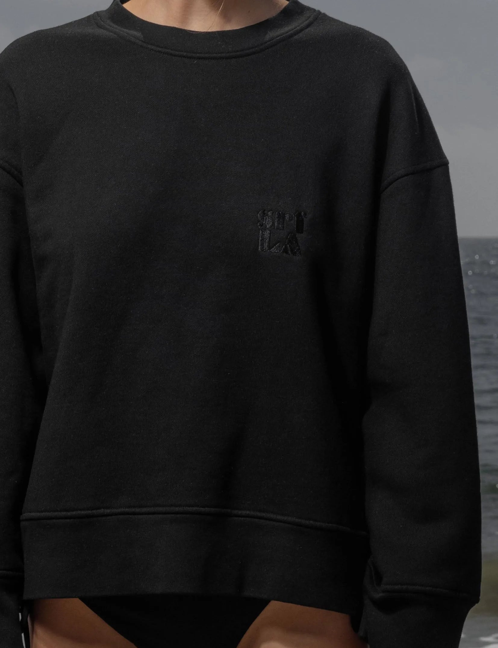 Barrel Sleeve 70's SRF LA Crewneck - Black Embroidered - Heidi Merrick