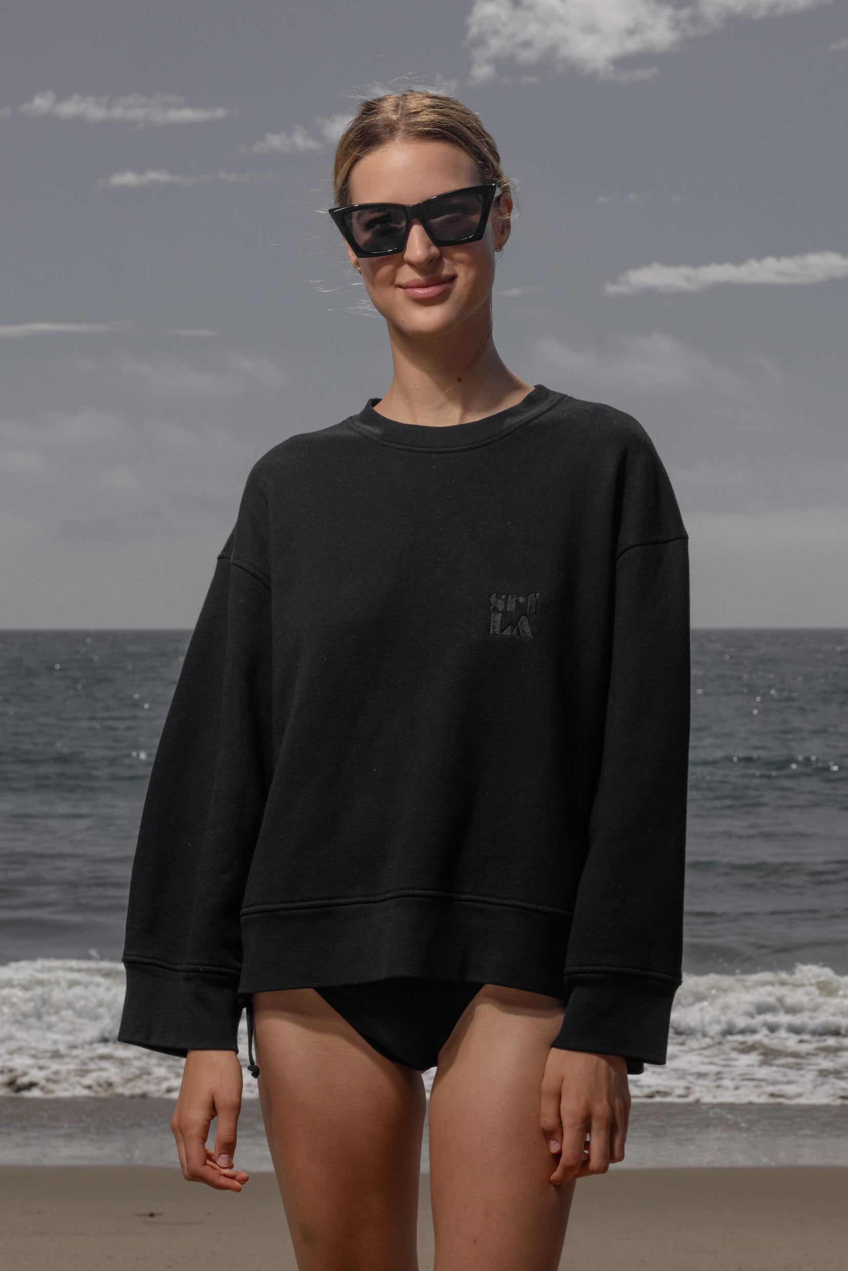 Barrel Sleeve 70's SRF LA Crewneck - Black Embroidered - Heidi Merrick