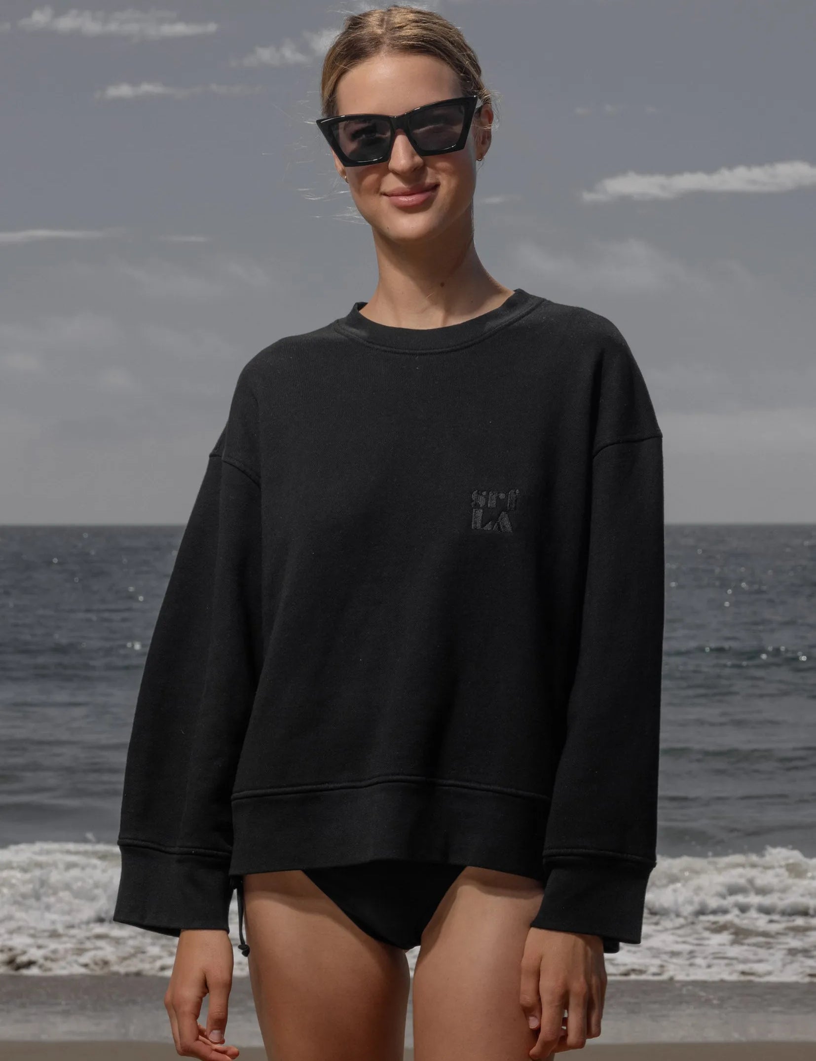 Barrel Sleeve 70's SRF LA Crewneck - Black Embroidered - Heidi Merrick