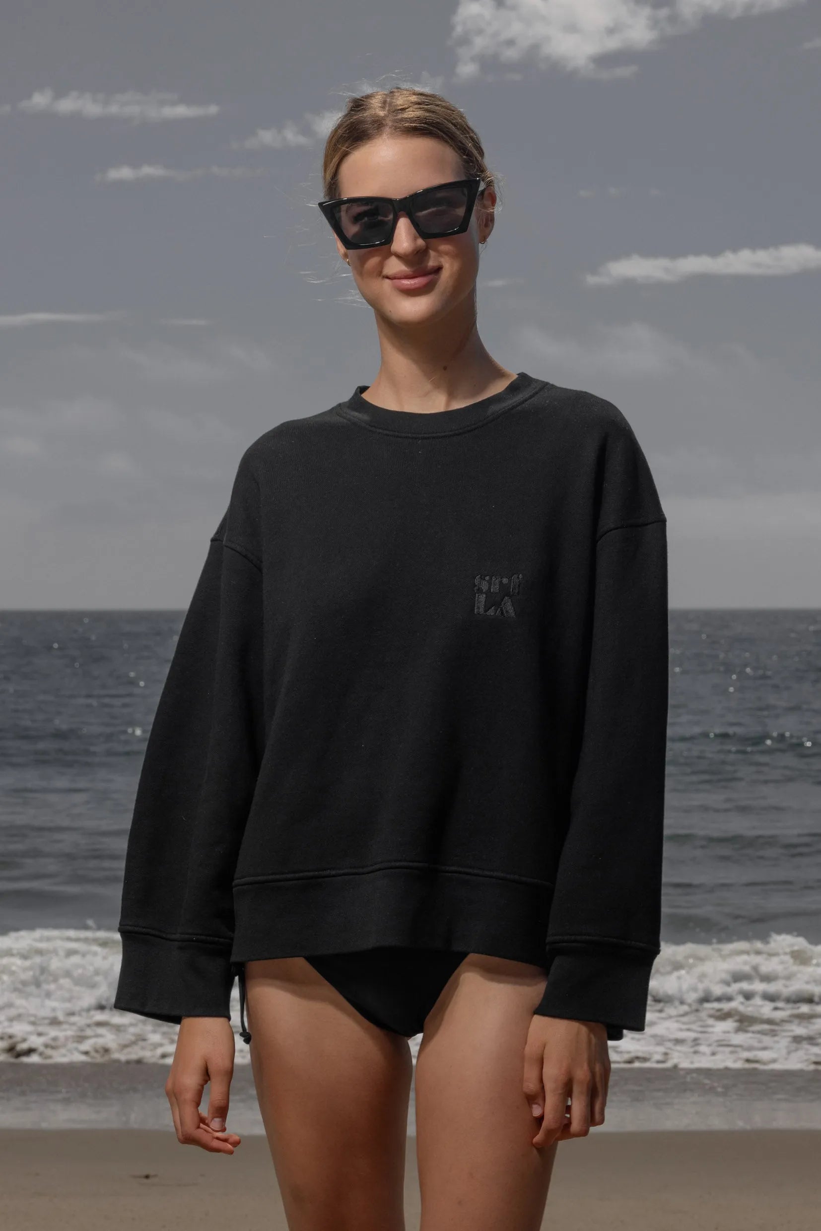 Barrel Sleeve 70's SRF LA Crewneck - Black Embroidered - Heidi Merrick