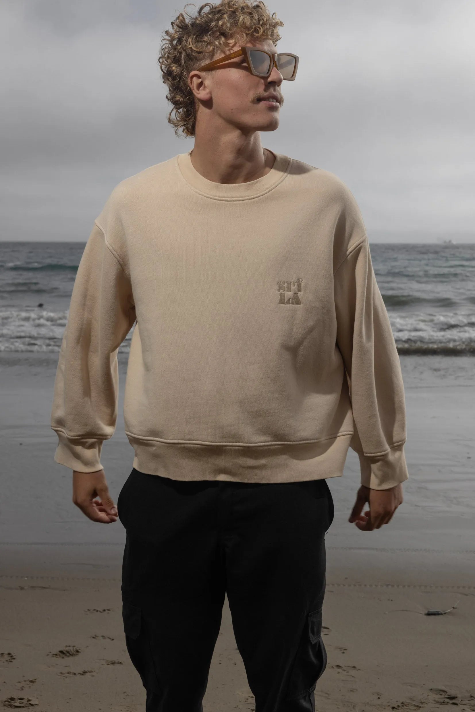 Barrel Sleeve 70's SRF LA Crewneck - Antique Cream Embroidered - Heidi Merrick