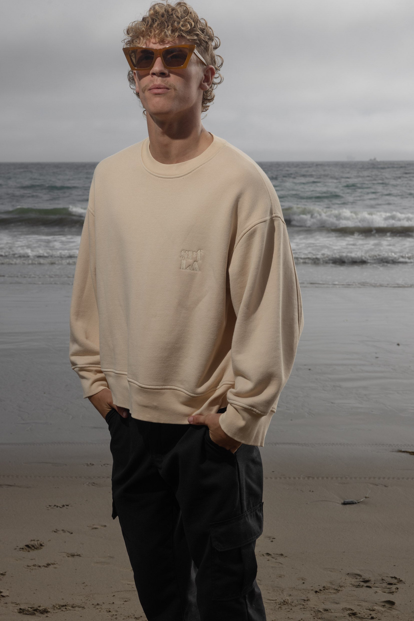 Barrel Sleeve 70's SRF LA Crewneck - Antique Cream Embroidered - Heidi Merrick