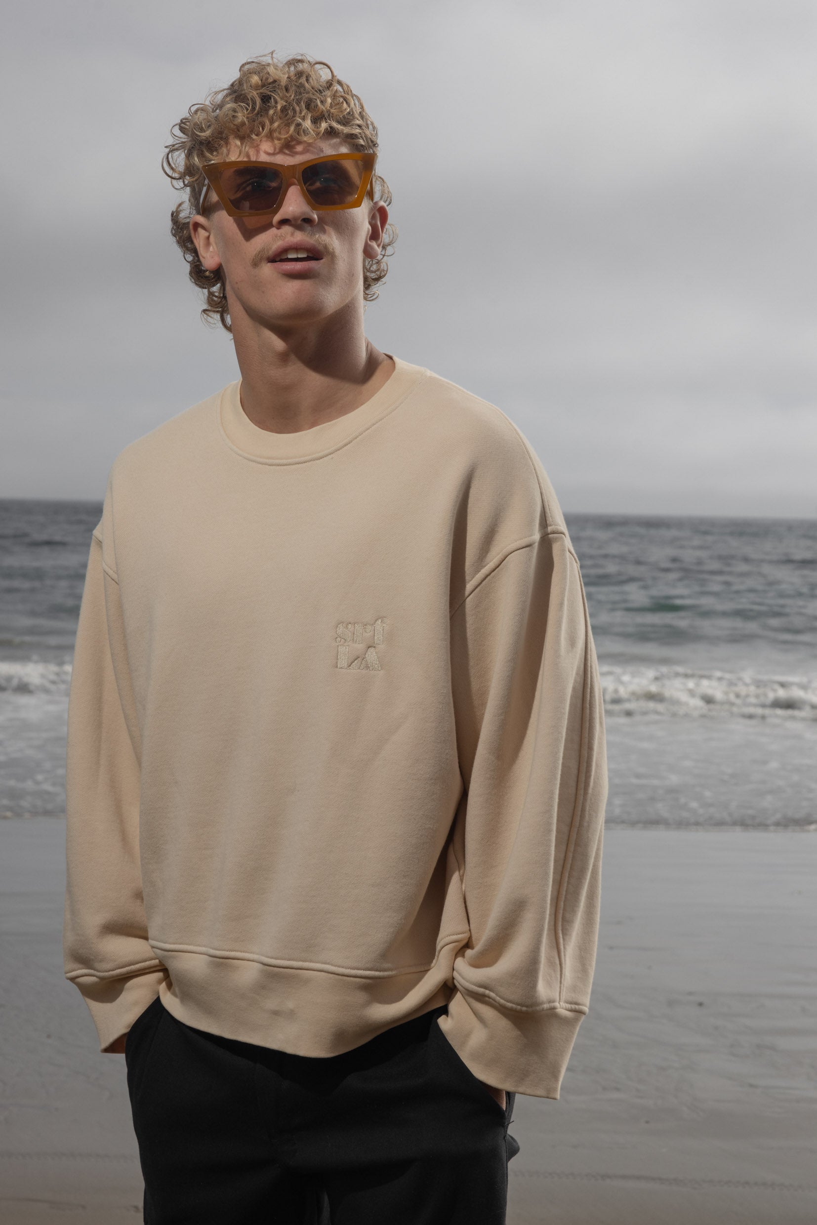 Barrel Sleeve 70's SRF LA Crewneck - Antique Cream Embroidered - Heidi Merrick