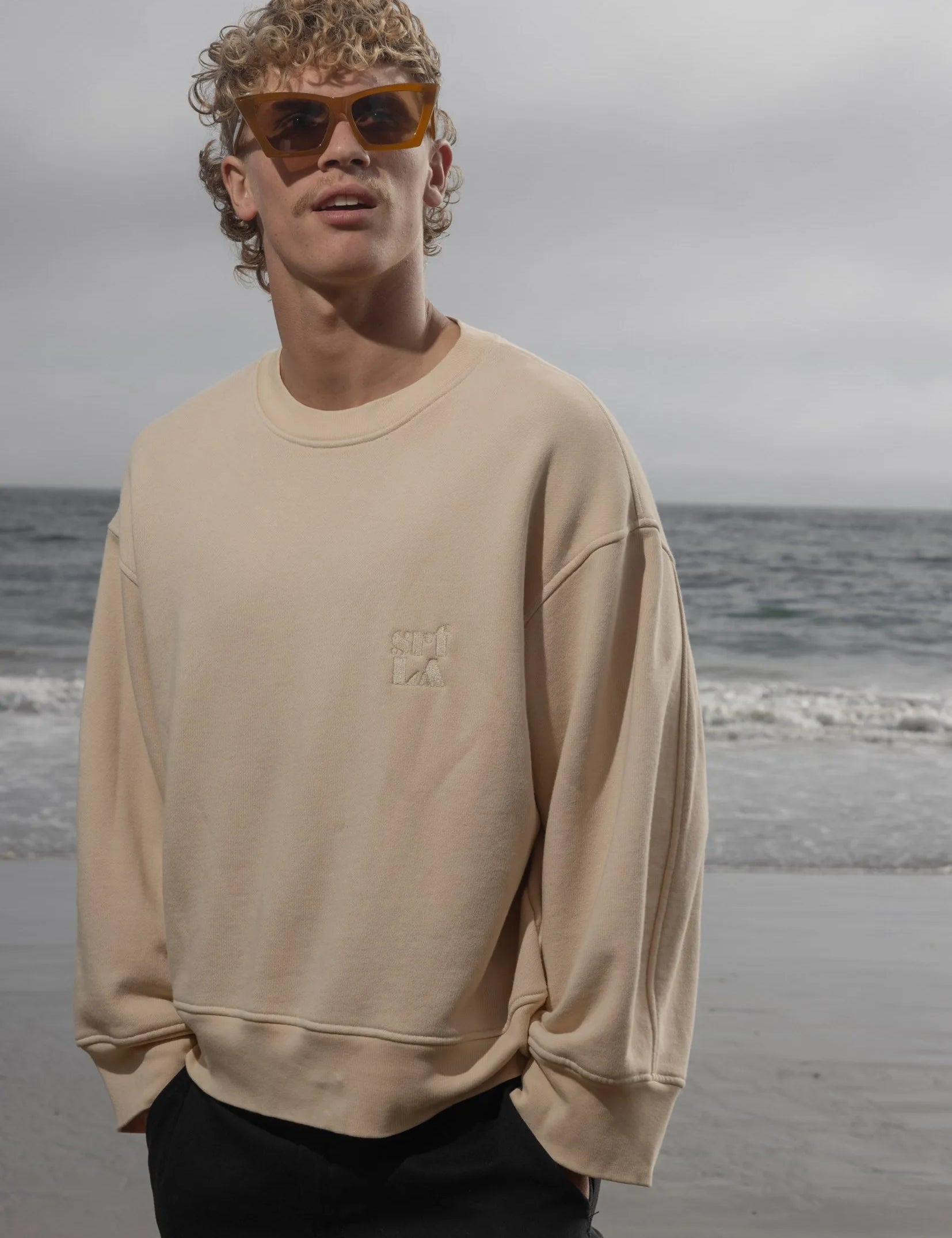 Barrel Sleeve 70's SRF LA Crewneck - Antique Cream Embroidered - Heidi Merrick