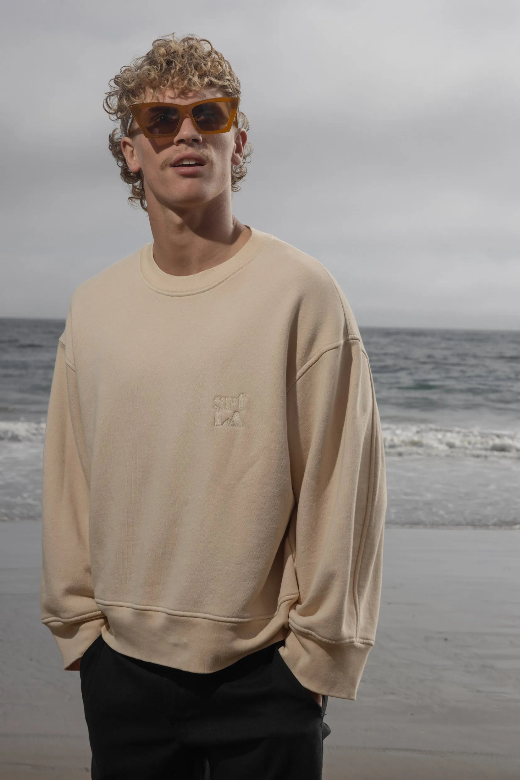 Barrel Sleeve 70's SRF LA Crewneck - Antique Cream Embroidered - Heidi Merrick