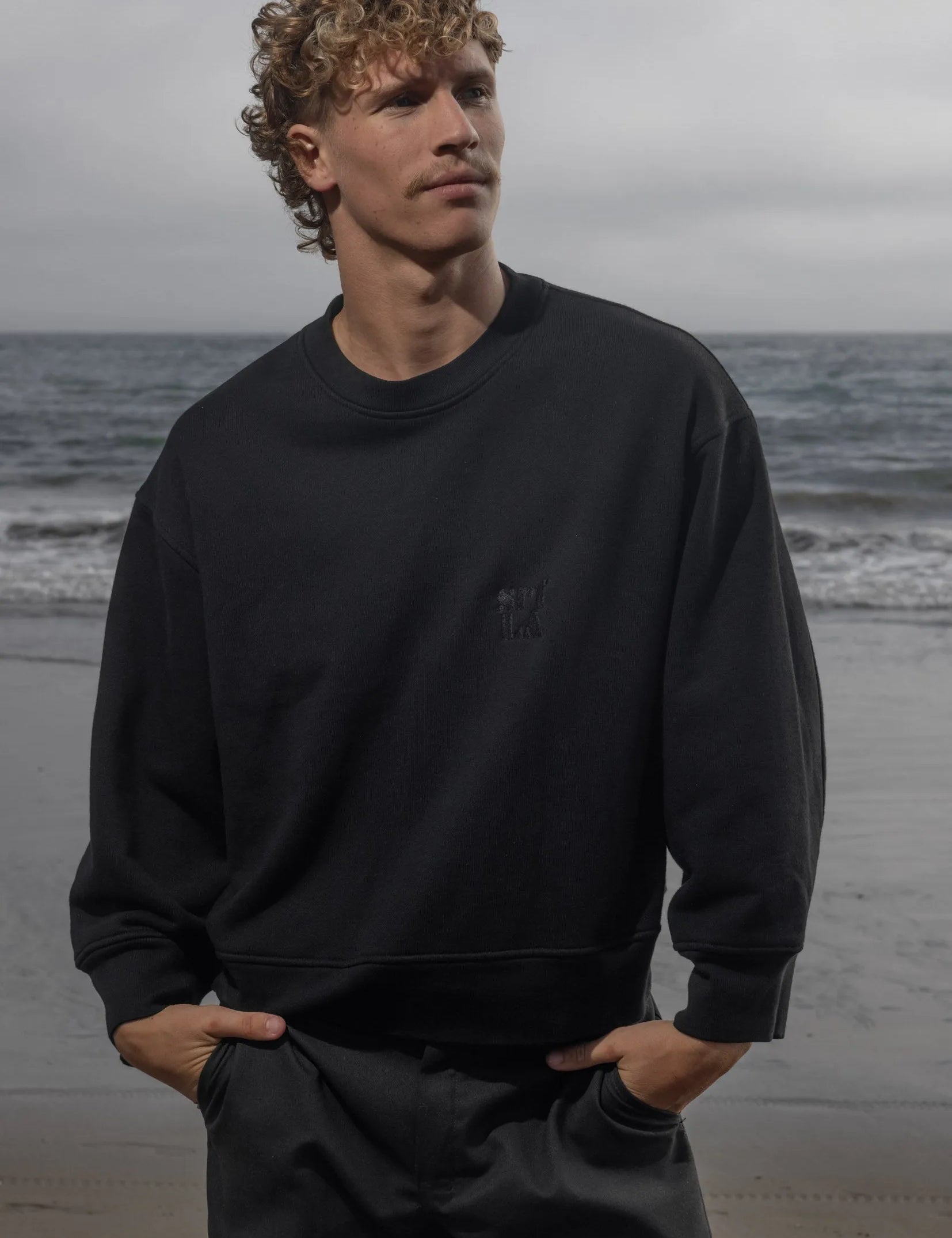 Barrel Sleeve 70's SRF LA Crewneck - Black Embroidered - Heidi Merrick