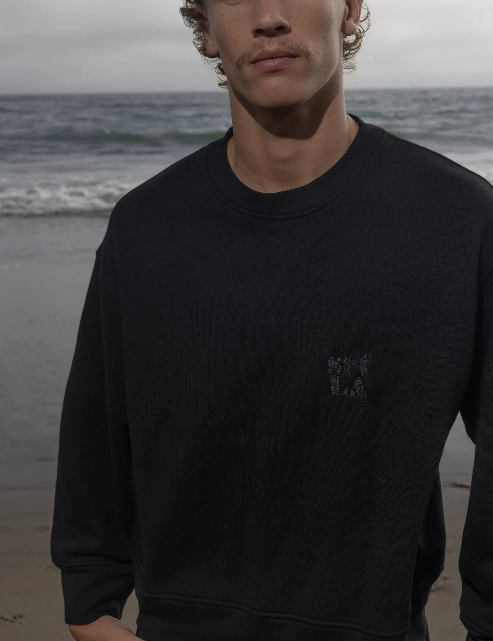 Barrel Sleeve 70's SRF LA Crewneck - Black Embroidered - Heidi Merrick
