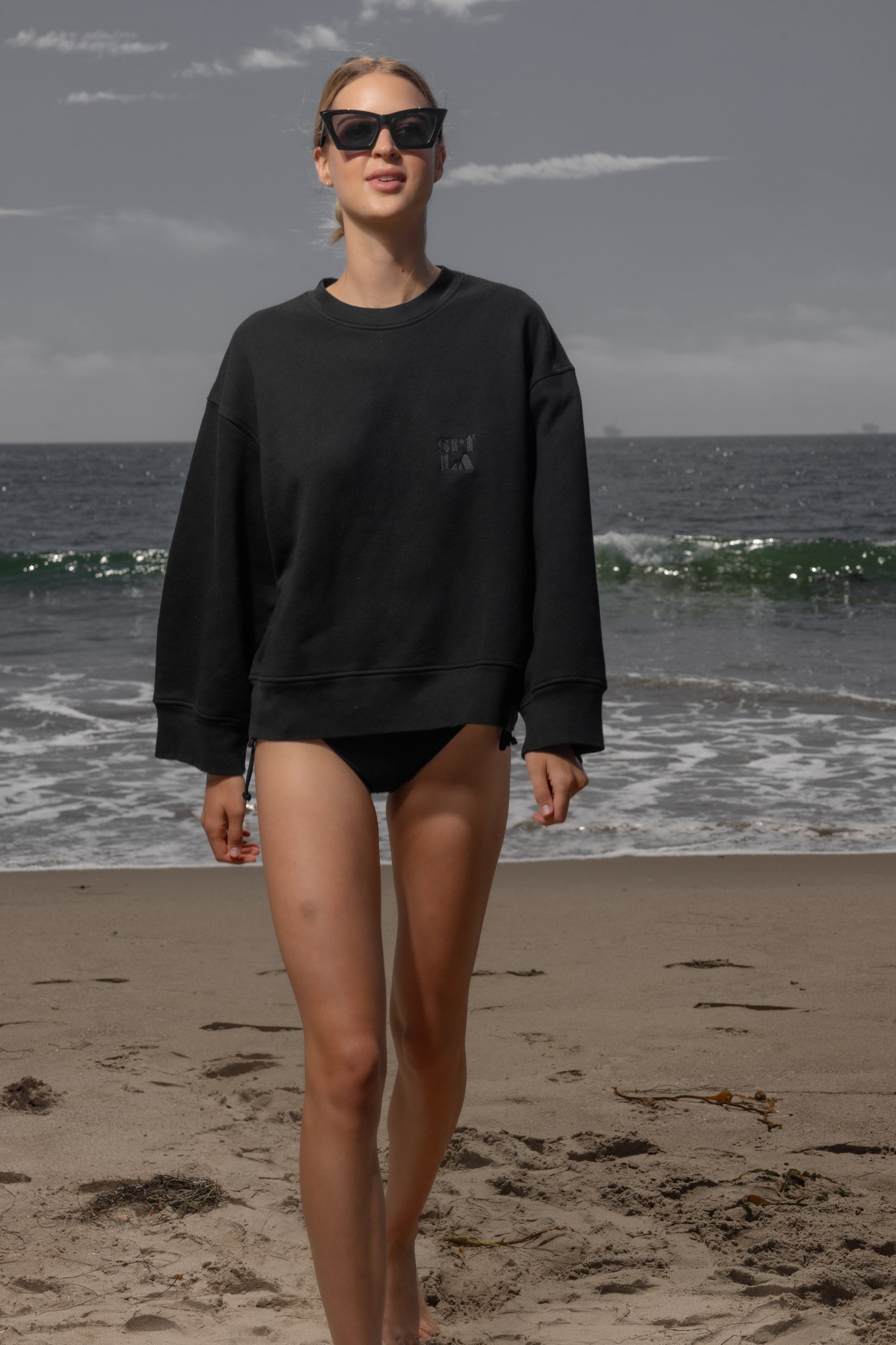 Barrel Sleeve 70's SRF LA Crewneck - Black Embroidered - Heidi Merrick