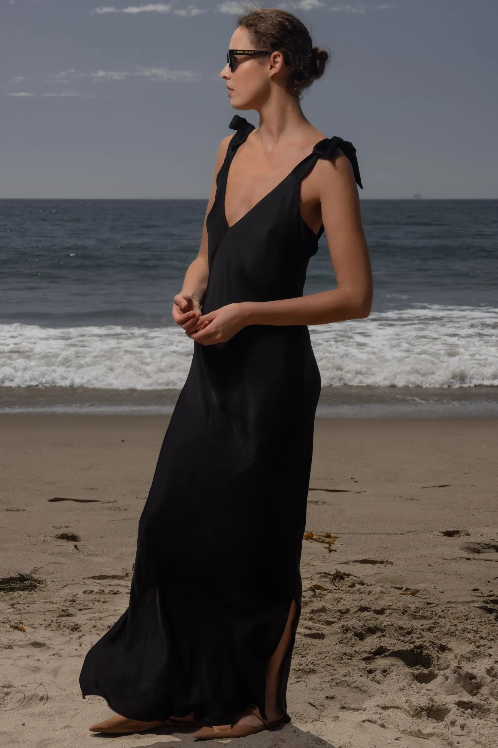 full length slip dress Liquid Long Style with strappy heels and statement earrings as shown for an evening out in the city Black Maxi Silk Satin Dress,Many