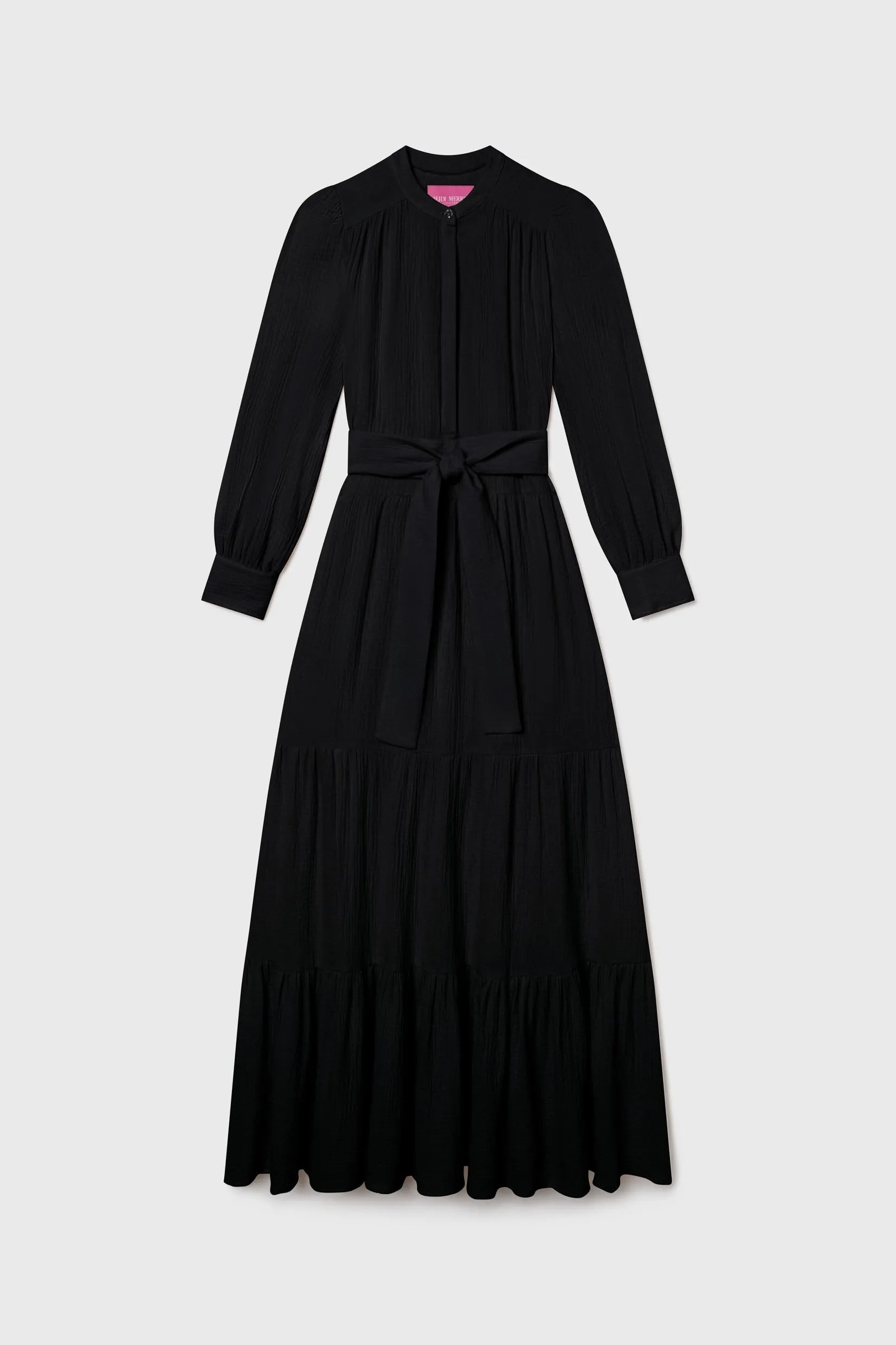 midi black gauze dress pockets Long Sleeve Gauze Tiered Midi Dress main image 1