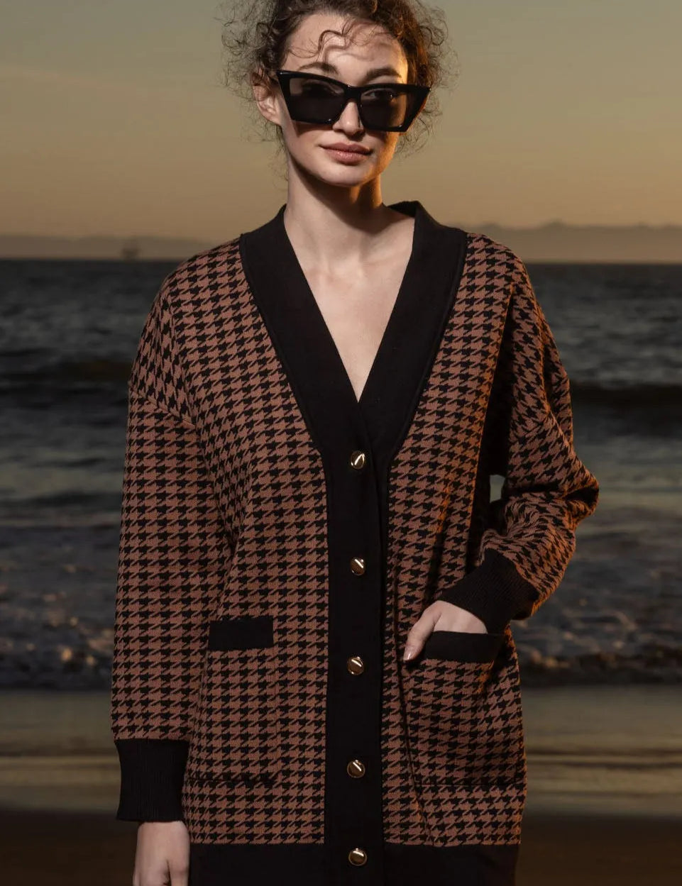 Fanny Cardigan - Chocolate Houndstooth - Heidi Merrick