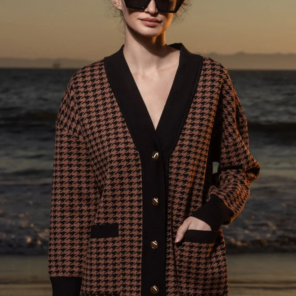 Fanny Cardigan - Chocolate Houndstooth - Heidi Merrick