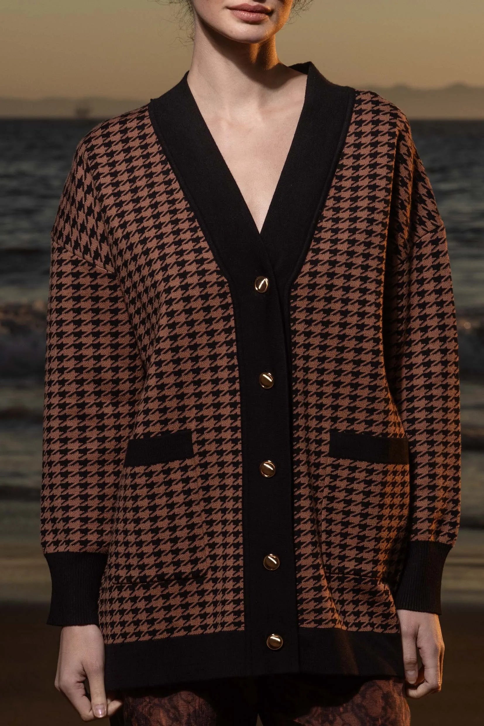 Fanny Cardigan - Chocolate Houndstooth - Heidi Merrick
