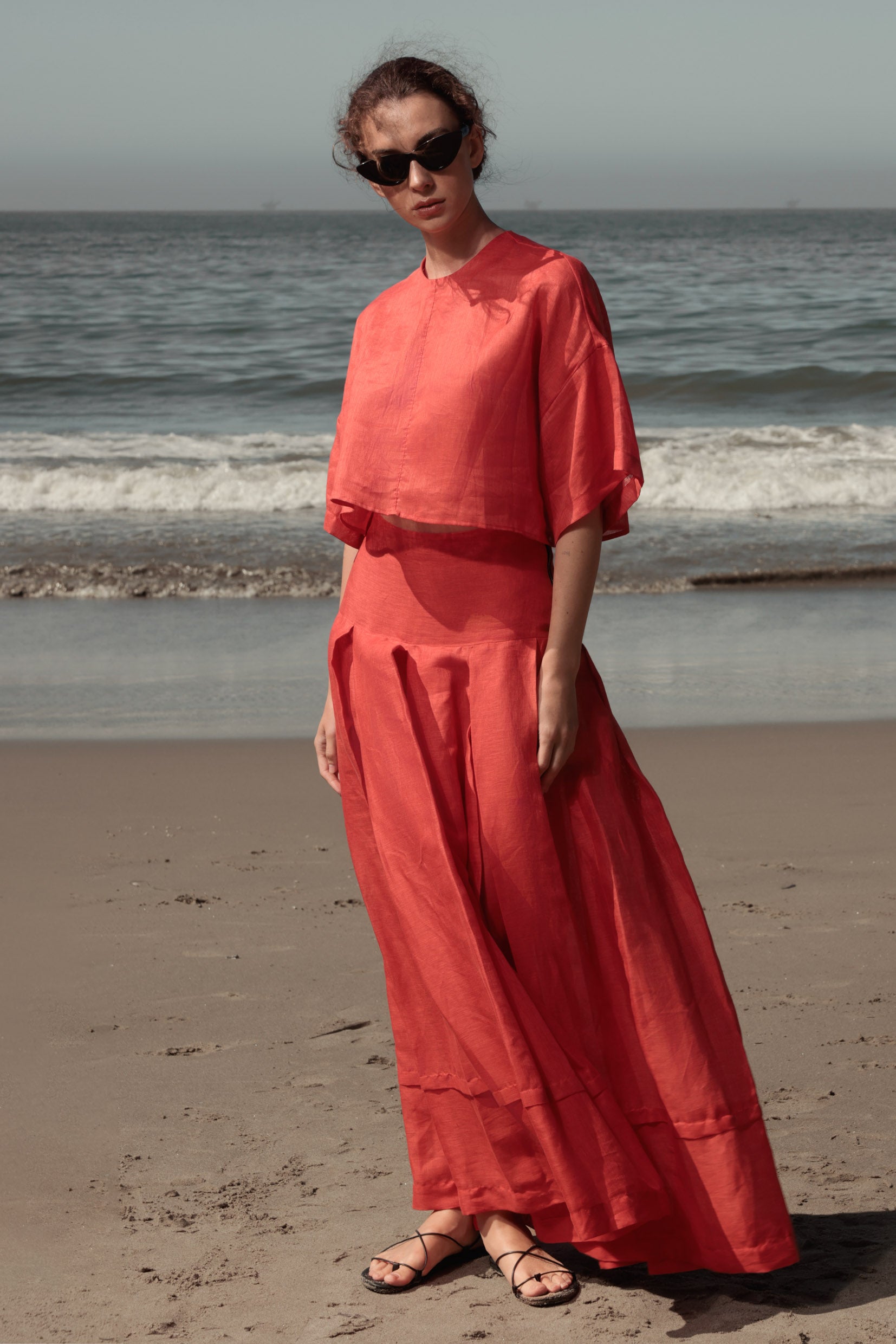 Marbella Skirt - Vermilion Tissue Linen - Heidi Merrick