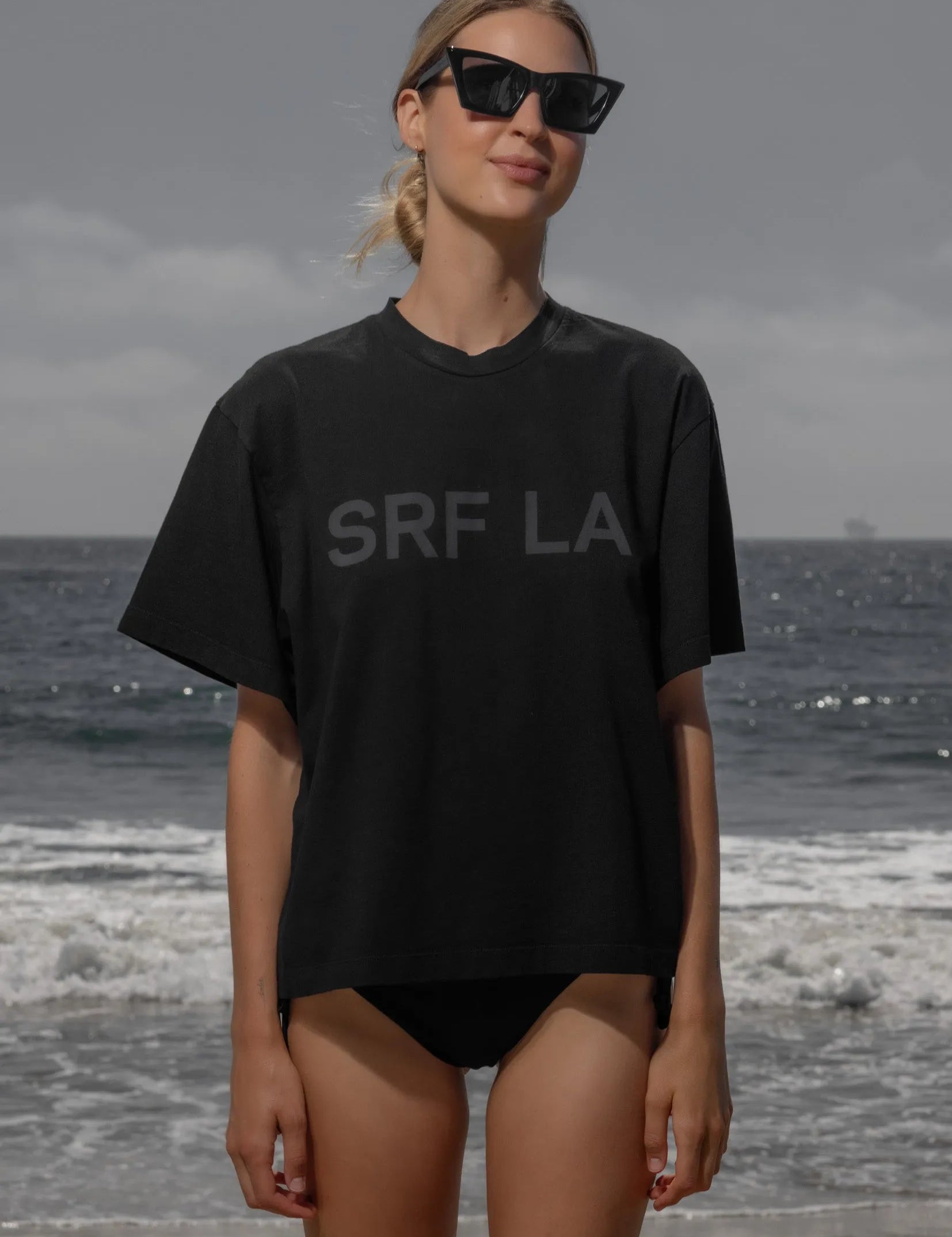 SRF LA Mustache Tee - Black on Black - Heidi Merrick