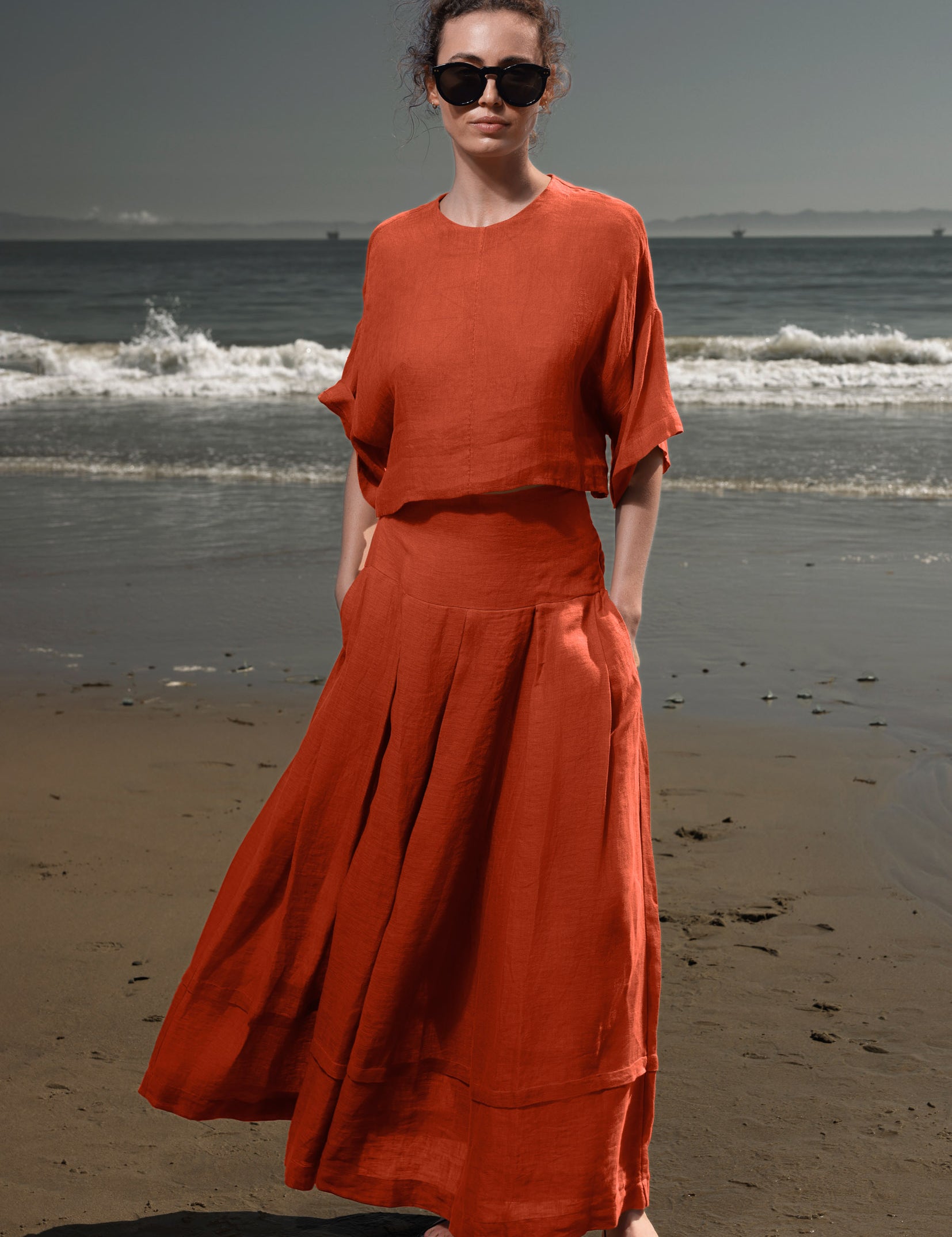 Marbella Skirt - Vermilion Tissue Linen - Heidi Merrick