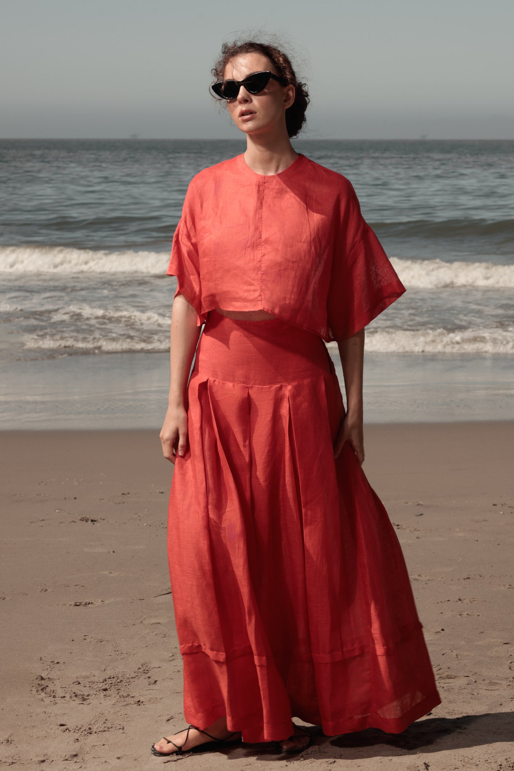 Marbella Skirt - Vermilion Tissue Linen - Heidi Merrick