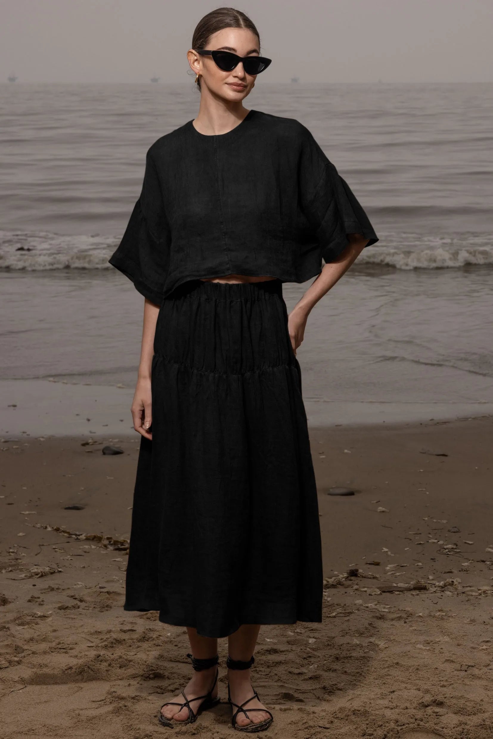 Enzo Skirt - Noir Tissue Linen - Heidi Merrick