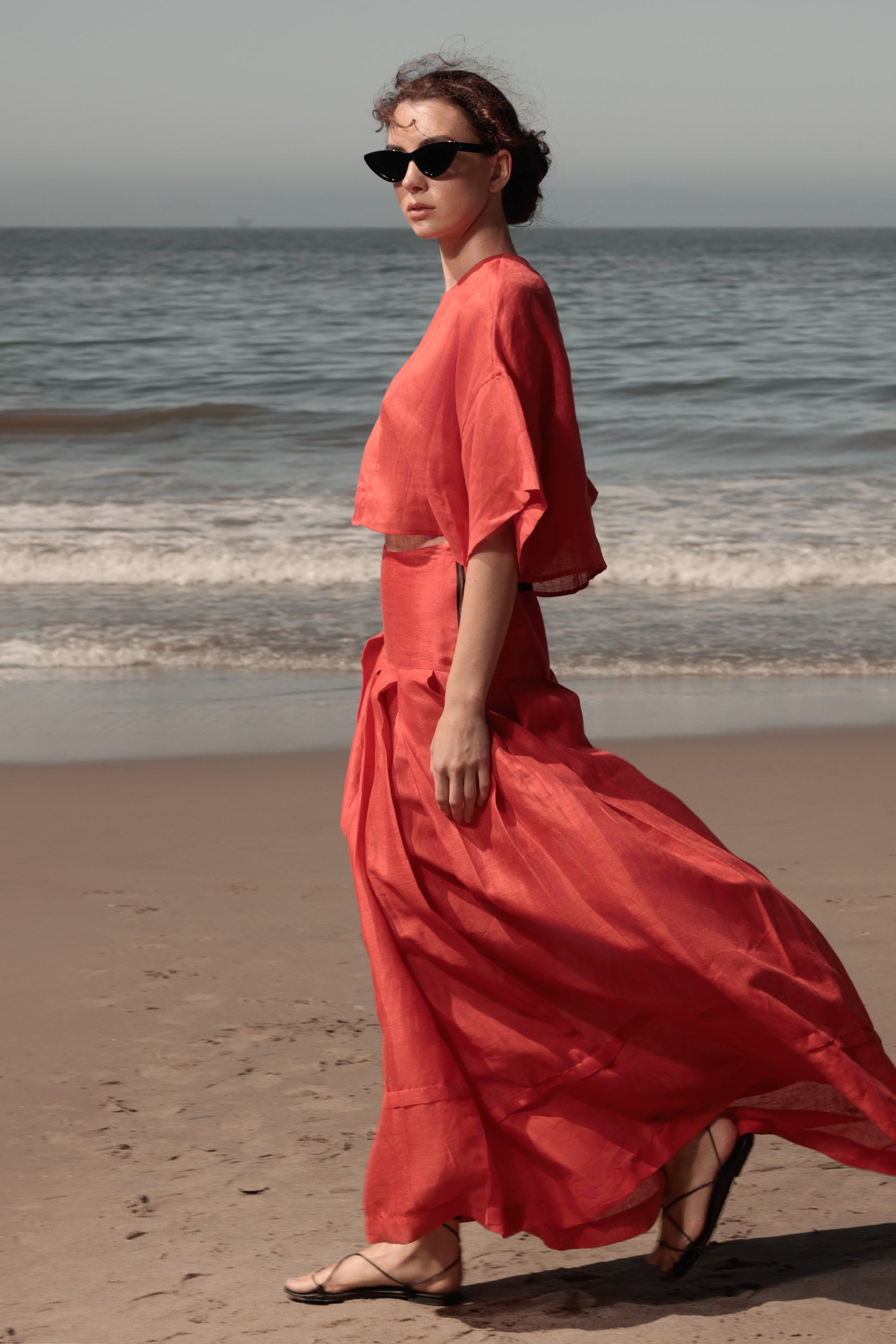 Marbella Skirt - Vermilion Tissue Linen - Heidi Merrick